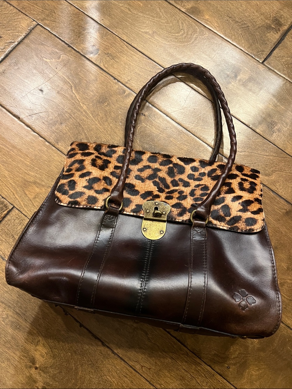 Patricia Nash Dark Brown Leather Satchel with hair on Leopard Print Flap